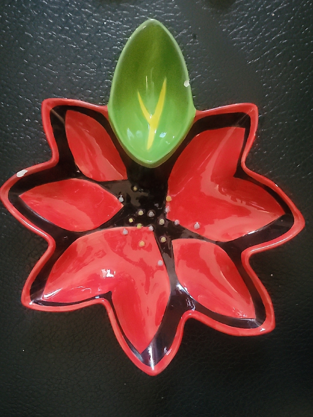 Red Flower Shaped Green Leaf Dish Ceramtic Tray - Pair of 2